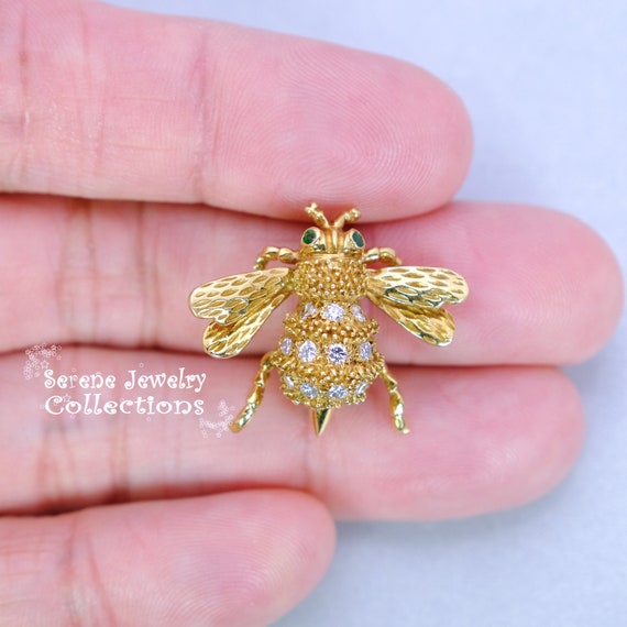 Diamond Emerald 18k Yellow Gold Honey Bee Brooch … - image 5