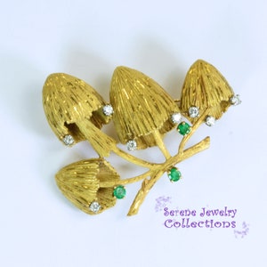 Emerald Diamond 18k Yellow Gold Mushroom Brooch Vintage image 3