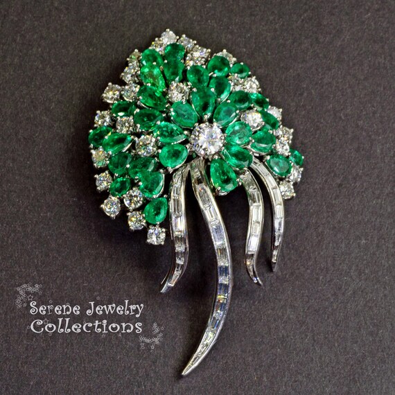 Emerald Diamond Platinum Brooch Vintage Estate