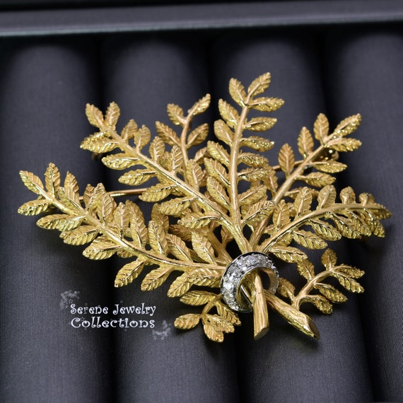 Diamond 14k Yellow Gold Leaf Foliage Branch Brooc… - image 2