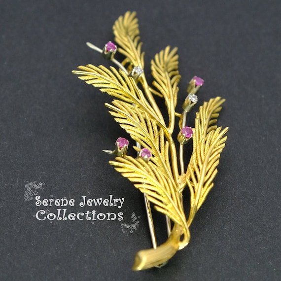 Ruby Diamond 18k Solid Gold Ferns Brooch Vintage - image 1