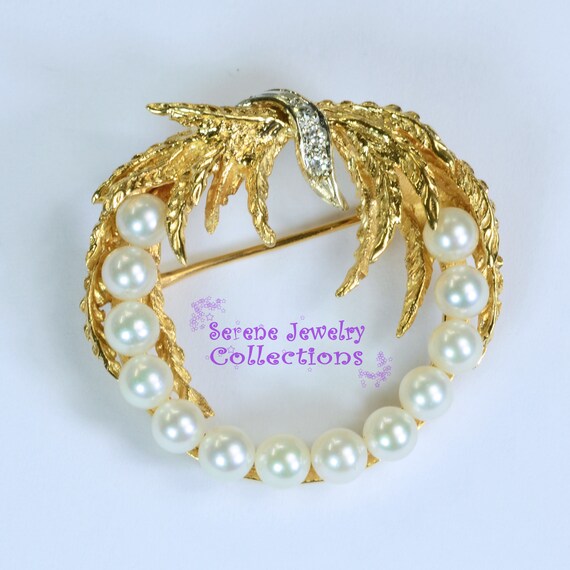 Pearl Diamond 14k Yellow Gold Wreath Brooch Vinta… - image 5