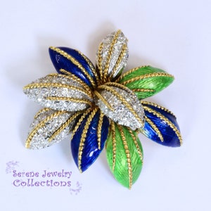 Diamond Enamel 18k Gold Floral Brooch Vintage