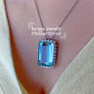 Art Deco 45CT Aquamarine Diamond Platinum Pendant with 14k White Gold Chain Necklace Vintage 19 inch