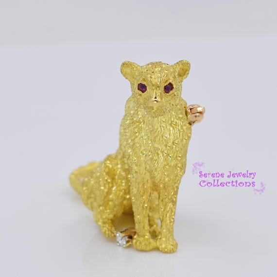 Ruby 18k Solid Yellow Gold Diamond Leopard Cat Br… - image 6