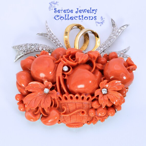 Large Carved Coral Diamond Fruit Basket 18k Yello… - image 2