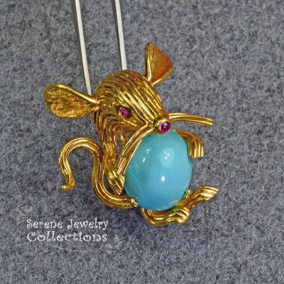 Turquoise Ruby 18k Solid Gold Mouse Brooch Vintage - image 2