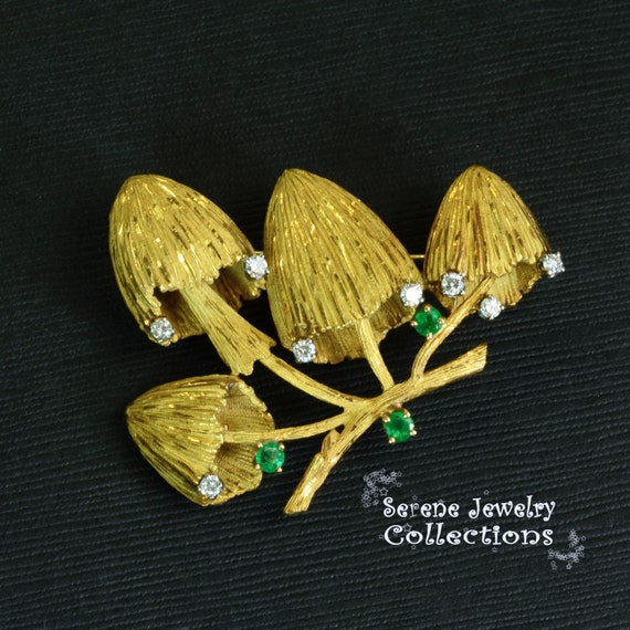 Emerald Diamond 18k Yellow Gold Mushroom Brooch V… - image 6