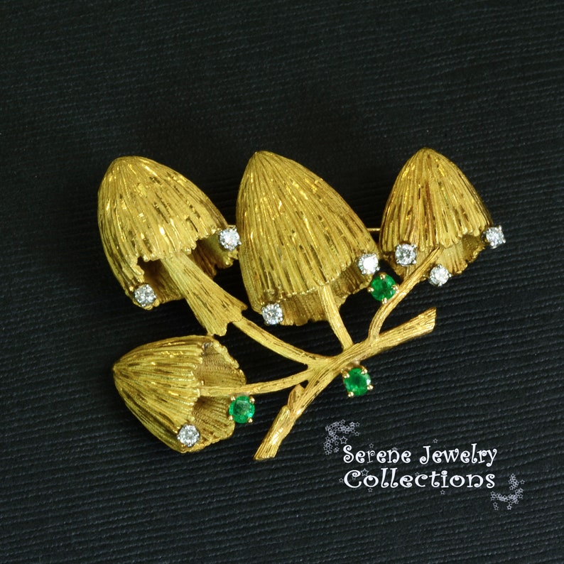 Emerald Diamond 18k Yellow Gold Mushroom Brooch Vintage image 6