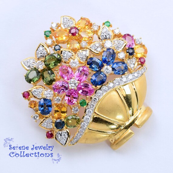 Ruby Emerald Sapphire Diamond 18k Solid Gold Flow… - image 3