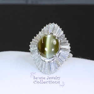 7.8CT Cats Eye Chrysoberyl Diamond Platinum Ring Vintage Size 6