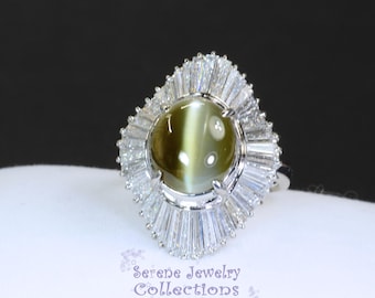 7.8CT Cats Eye Chrysoberyl Diamond Platinum Ring Vintage Size 6