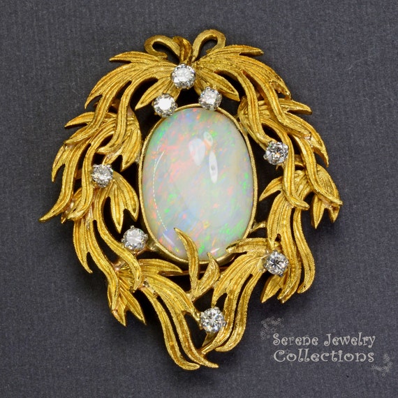 14CT Australian Precious Solid Opal Diamond 18k Solid Gold Mirror Pendant Brooch Vintage
