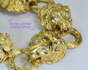 Lions Head Diamond 18K Solid Yellow Gold Bracelet 7 .5Inch Vintage