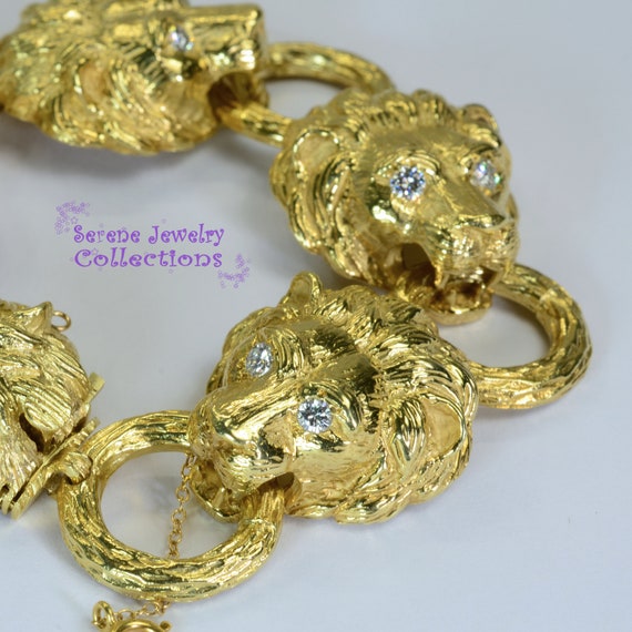 Lions Head Diamond 18K Solid Yellow Gold Bracelet 