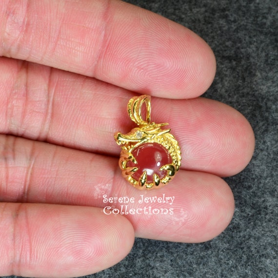 Rhodochrosite Diamond Dragon 18k Yellow Gold Pend… - image 4