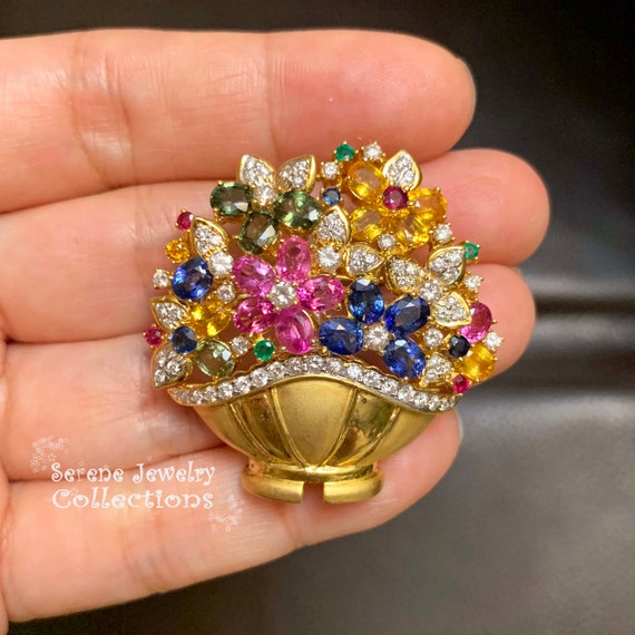 Ruby Emerald Sapphire Diamond 18k Solid Gold Flow… - image 8