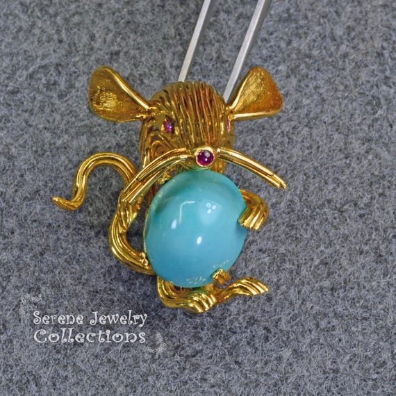 Turquoise Ruby 18k Solid Gold Mouse Brooch Vintage - image 1