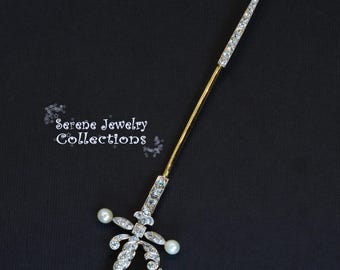 Antique Edwardian Diamond Pearl Platinum 18k Yellow Gold Brooch Sword Pin