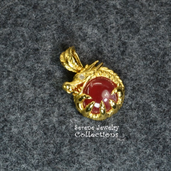 Rhodochrosite Diamond Dragon 18k Yellow Gold Pend… - image 1