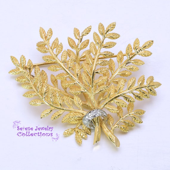 Diamond 14k Yellow Gold Leaf Foliage Branch Brooc… - image 3