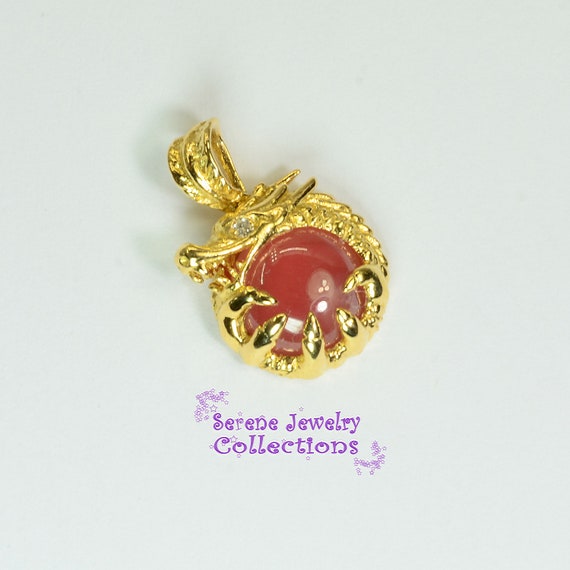 Rhodochrosite Diamond Dragon 18k Yellow Gold Pend… - image 6