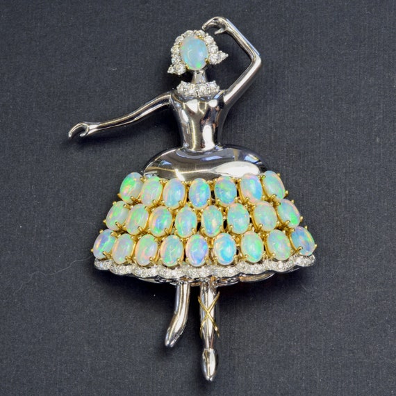 Opal Diamond Ballerina 18k Solid Gold Brooch Vinta
