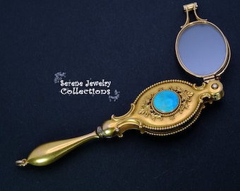 Antique Turquoise Diamond 18k Yellow Gold Lorgnette