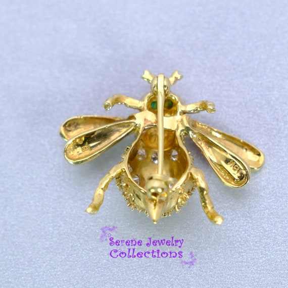 Diamond Emerald 18k Yellow Gold Honey Bee Brooch … - image 4