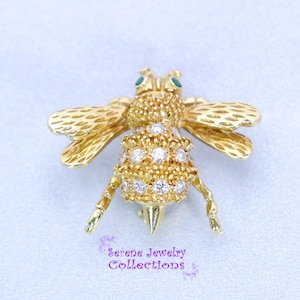 Diamond Emerald 18k Yellow Gold Honey Bee Brooch Vintage