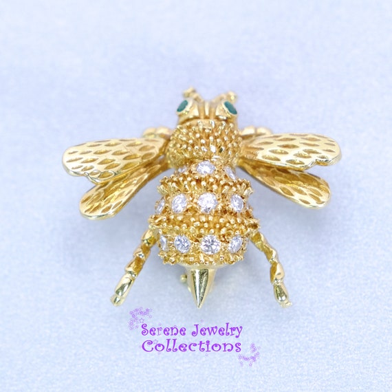 Diamond Emerald 18k Yellow Gold Honey Bee Brooch … - image 1
