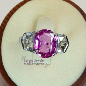4.5CT Unheated Pink Sapphire 2CT Shield Cut Diamonds Platinum Ring Vintage Size 4.5