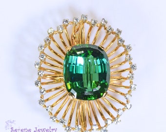 Lagoon Tourmaline Diamond 18k Yellow Gold Starburst Brooch Vintage