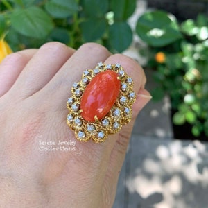 Italian Orange Red Coral Diamond 18k Yellow Gold Ring Vintage Size 6