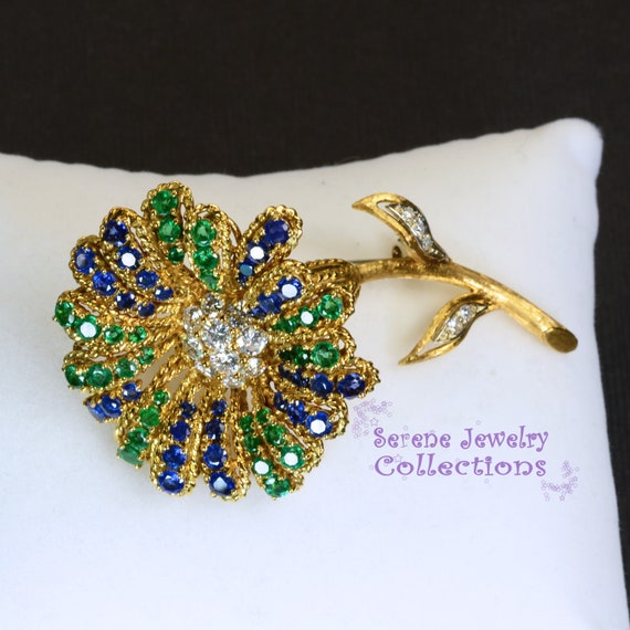Italian Diamond Sapphire Emerald 18k Yellow Gold … - image 2