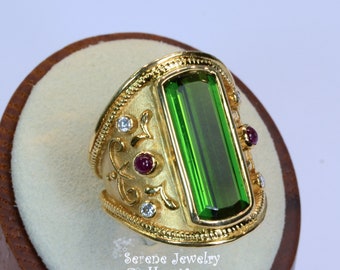 9.02CT Chrome Green Tourmaline Diamond Ruby 18k Yellow Gold Ring Vintage Size 7.25
