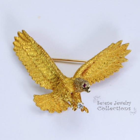 Ruby Diamond 18k Solid Gold Eagle Brooch Vintage - image 1
