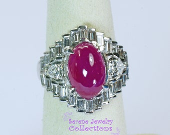 6.5ct Unheated Ruby Diamond Platinum Ring Vintage Ring Size 5.75