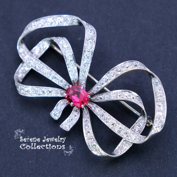 Antique 1.7ct Spinel 3ct Diamond Platinum Ribbon … - image 1