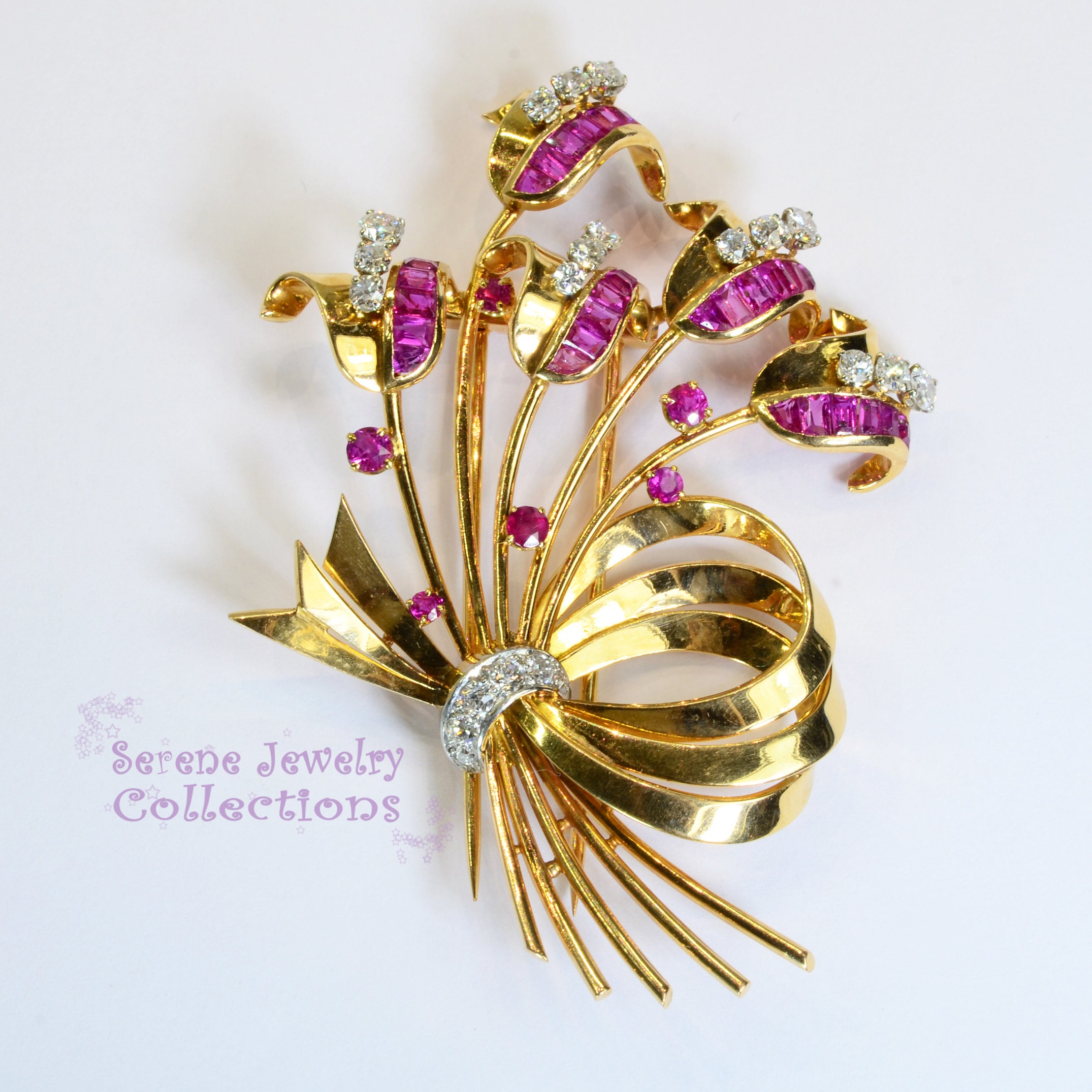Retro Era Synthetic Ruby Star Flower Branch 18K Gold Brooch Pin – Alpha &  Omega Jewelry