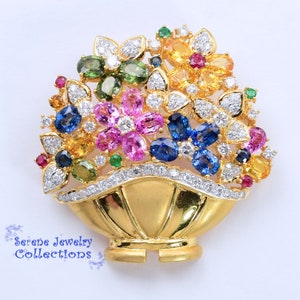Ruby Emerald Sapphire Diamond 18k Solid Gold Flower Brooch Vintage