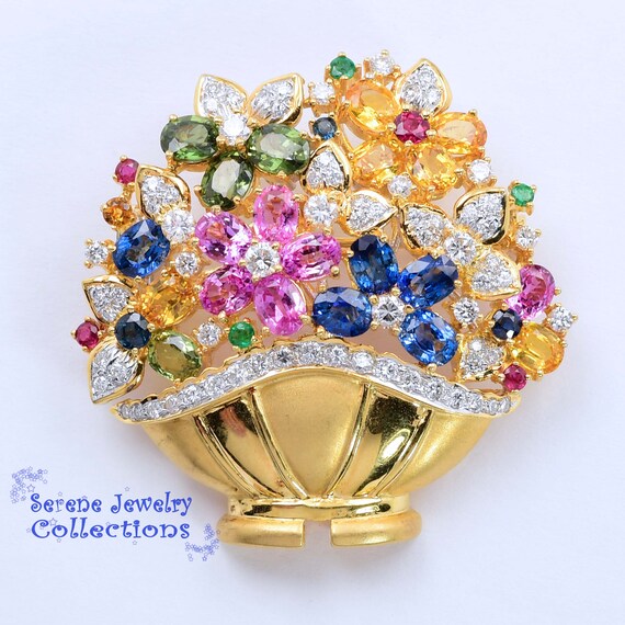 Ruby Emerald Sapphire Diamond 18k Solid Gold Flow… - image 1