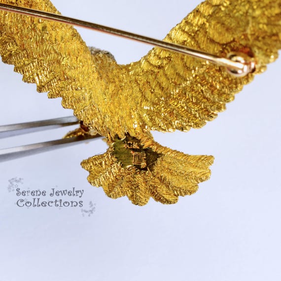 Ruby Diamond 18k Solid Gold Eagle Brooch Vintage - image 5