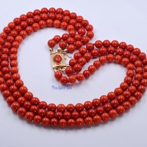8MM Sardinia Coral Round Bead 14k Solid gold Multi-Strand Necklace Vintage