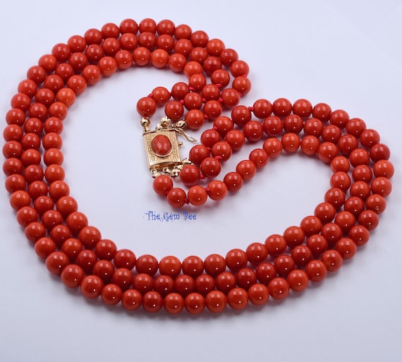 8MM Sardinia Coral Round Bead 14k Solid gold Mult… - image 1