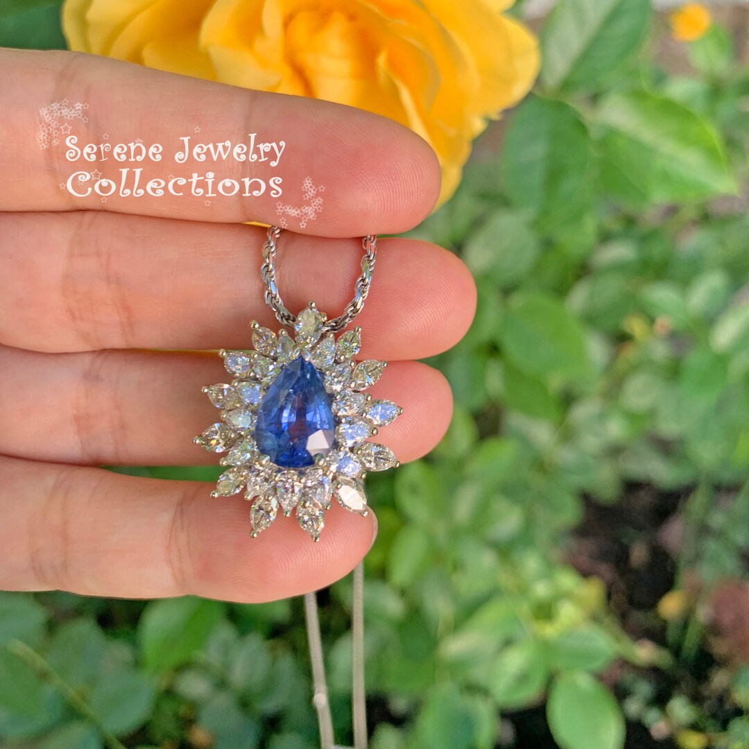 Blue Sapphire Diamond 18k White Gold Pendant 14k Gold