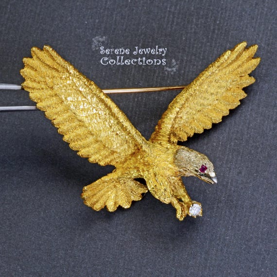 Ruby Diamond 18k Solid Gold Eagle Brooch Vintage - image 2