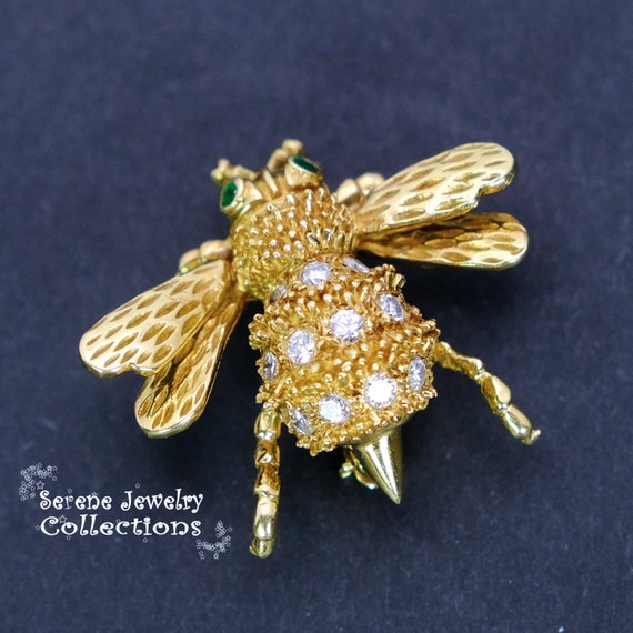 Diamond Emerald 18k Yellow Gold Honey Bee Brooch … - image 7
