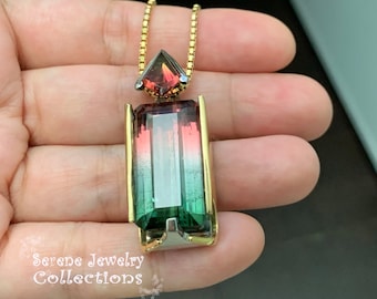 24ct Gemmy Tourmaline Diamond 18k Solid Gold Pendant Chain Necklace Vintage 22 inch