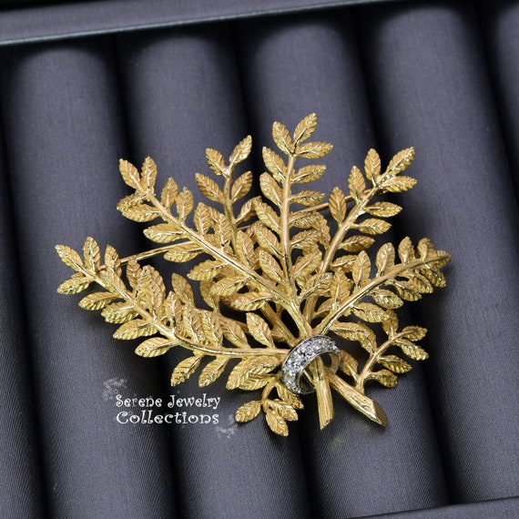 Diamond 14k Yellow Gold Leaf Foliage Branch Brooc… - image 1